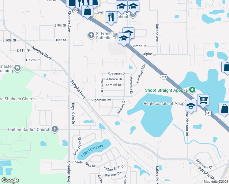 map of restaurants, bars, coffee shops, grocery stores, and more near 1313 Lakecrest Drive in Apopka