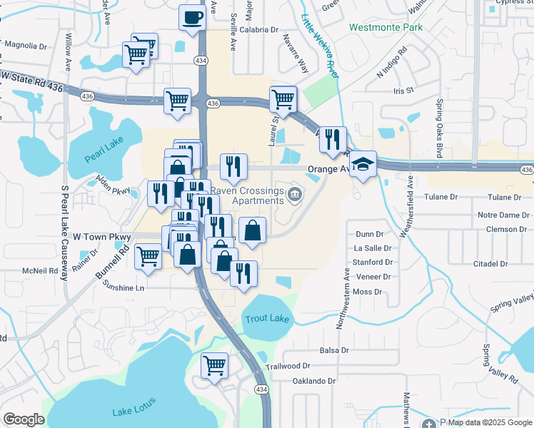 map of restaurants, bars, coffee shops, grocery stores, and more near 831 Camargo Way in Altamonte Springs