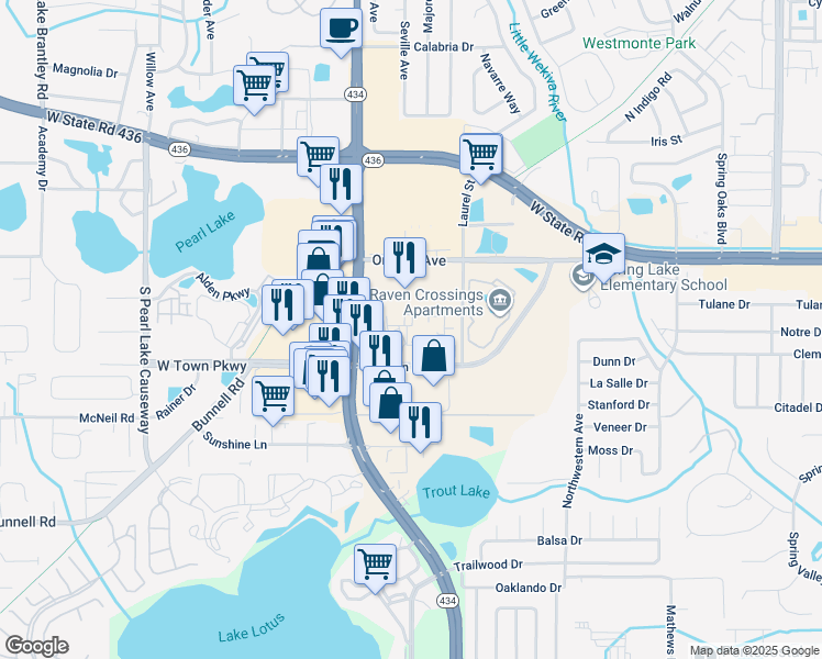 map of restaurants, bars, coffee shops, grocery stores, and more near 823 Camargo Way in Altamonte Springs