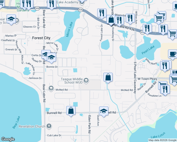 map of restaurants, bars, coffee shops, grocery stores, and more near 4064 Bonnie Drive in Apopka