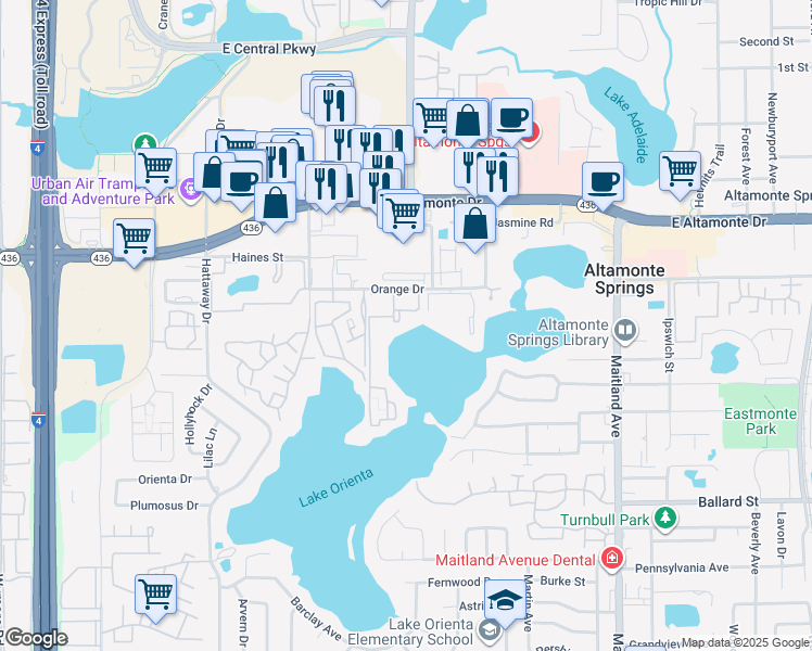 map of restaurants, bars, coffee shops, grocery stores, and more near 514 Orange Drive in Altamonte Springs