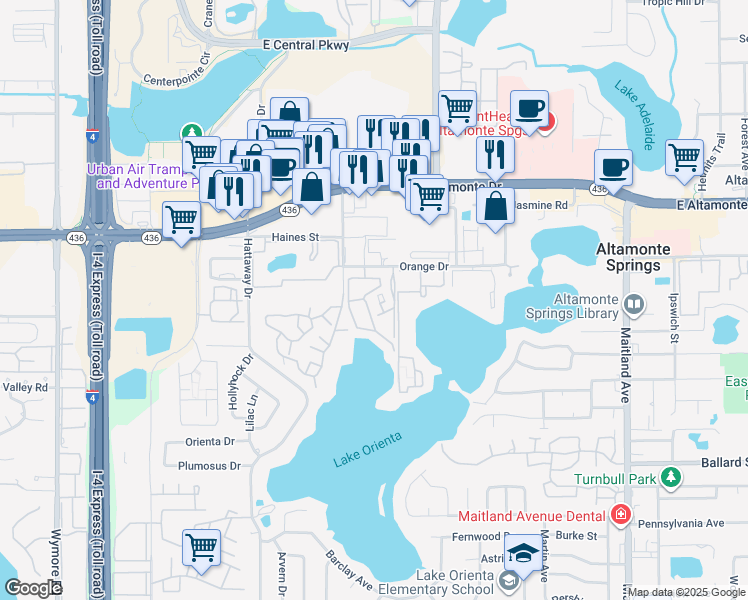 map of restaurants, bars, coffee shops, grocery stores, and more near 246 Orienta Point Street in Altamonte Springs