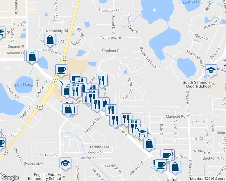 map of restaurants, bars, coffee shops, grocery stores, and more near 10 Bayberry Branch in Casselberry