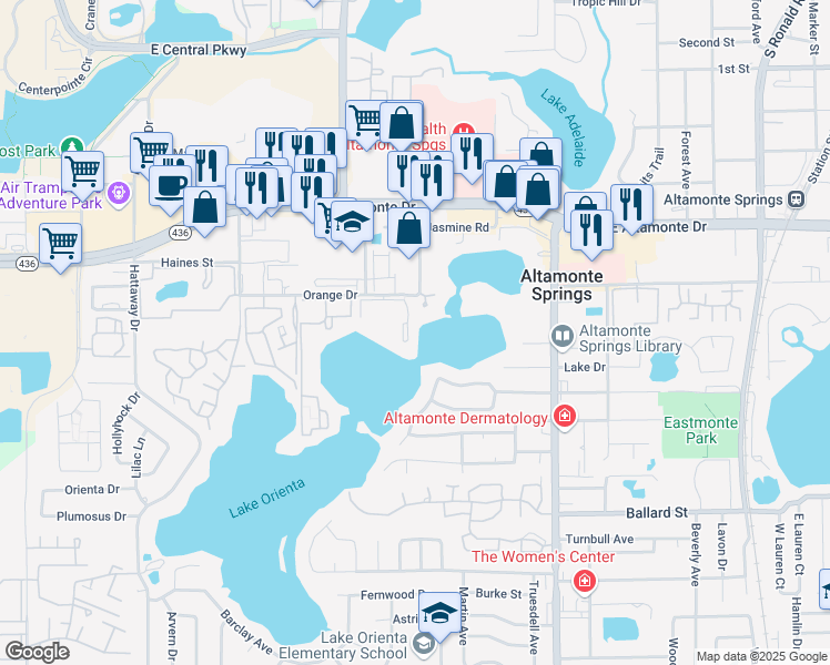 map of restaurants, bars, coffee shops, grocery stores, and more near 614 Orange Drive in Altamonte Springs