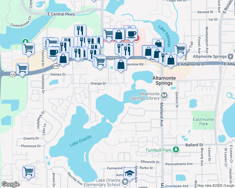 map of restaurants, bars, coffee shops, grocery stores, and more near 614 Orange Drive in Altamonte Springs