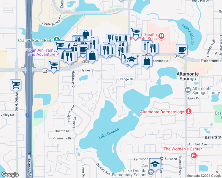 map of restaurants, bars, coffee shops, grocery stores, and more near 276 Orienta Point Street in Altamonte Springs