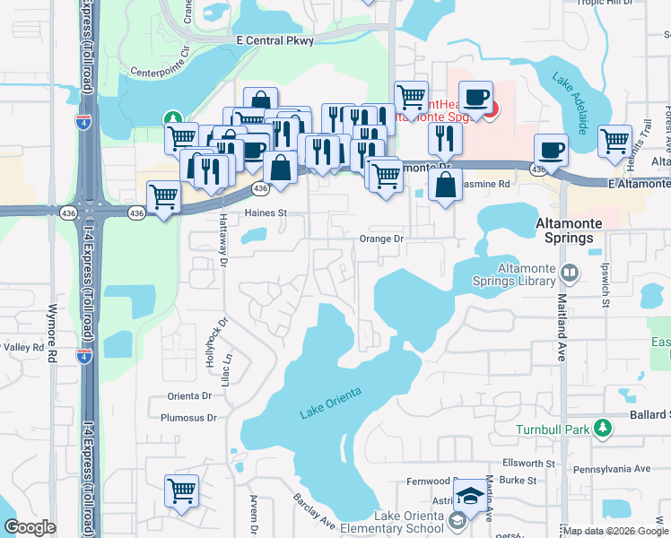 map of restaurants, bars, coffee shops, grocery stores, and more near 276 Orienta Point Street in Altamonte Springs