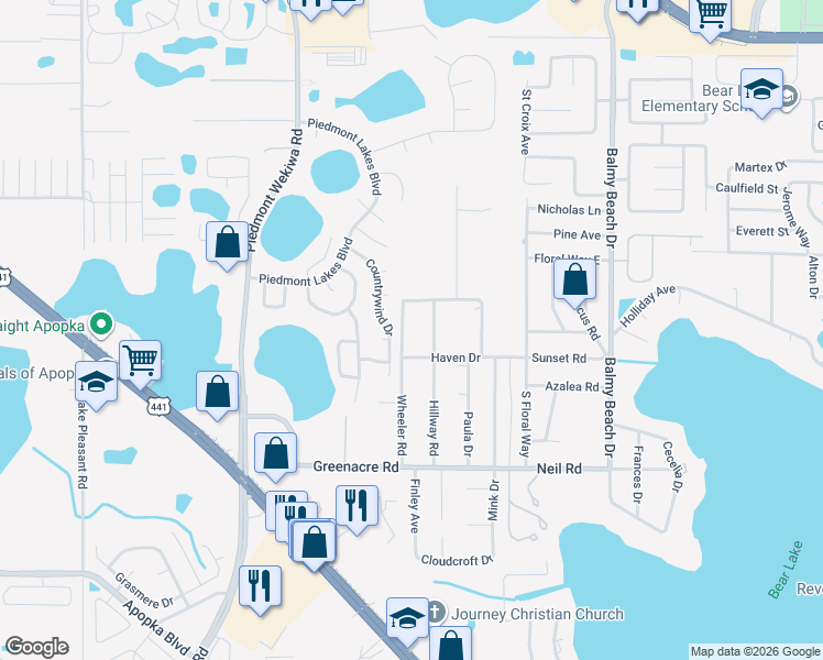 map of restaurants, bars, coffee shops, grocery stores, and more near 1335 Wheeler Road in Apopka