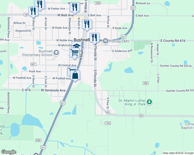 map of restaurants, bars, coffee shops, grocery stores, and more near 211 East Parkhill Avenue in Bushnell