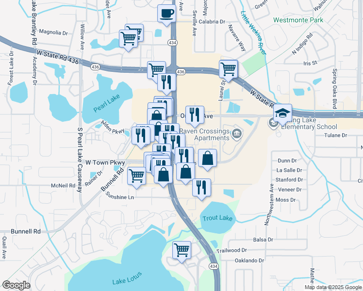 map of restaurants, bars, coffee shops, grocery stores, and more near 897 West Town Parkway in Altamonte Springs