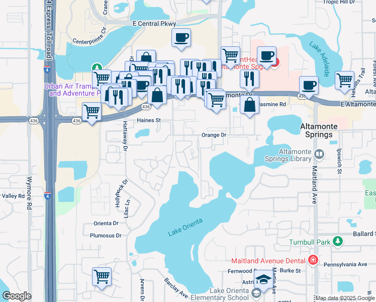 map of restaurants, bars, coffee shops, grocery stores, and more near 246 Orienta Point Street in Altamonte Springs