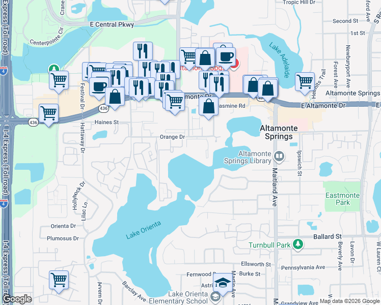 map of restaurants, bars, coffee shops, grocery stores, and more near 574 Orange Drive in Altamonte Springs
