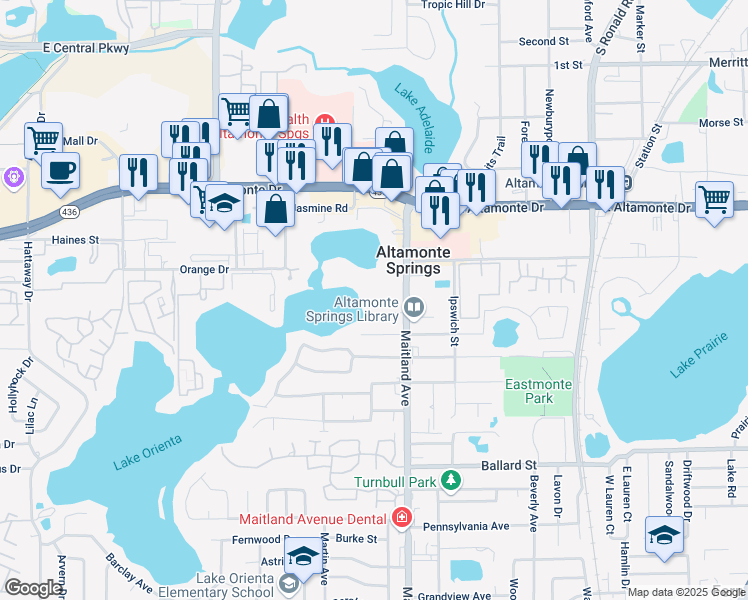 map of restaurants, bars, coffee shops, grocery stores, and more near 735 Lake Crest Cove in Altamonte Springs