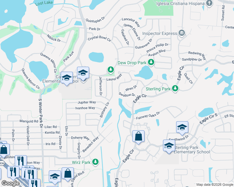 map of restaurants, bars, coffee shops, grocery stores, and more near 617 Swallow Drive in Casselberry