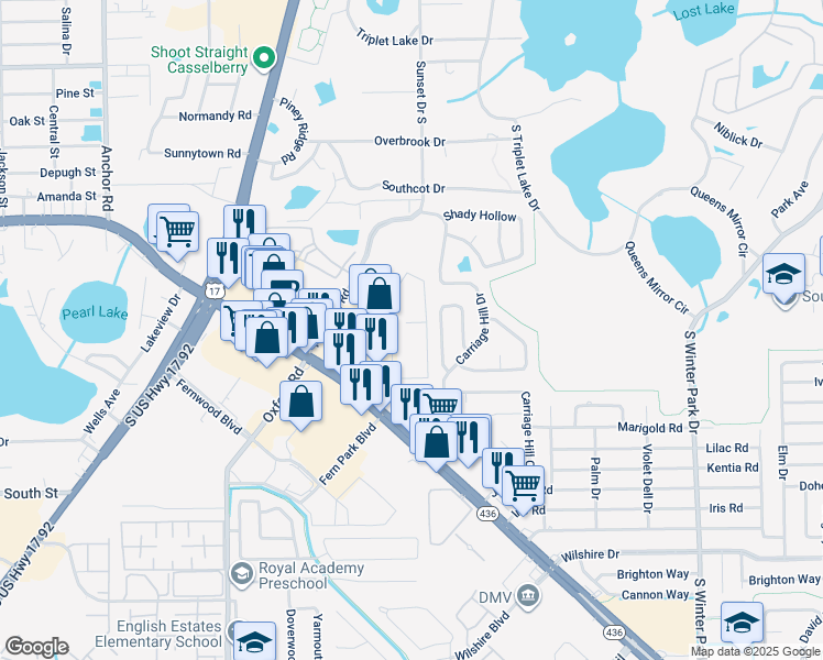 map of restaurants, bars, coffee shops, grocery stores, and more near 616 Kenwick Circle in Casselberry
