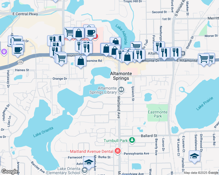 map of restaurants, bars, coffee shops, grocery stores, and more near 735 Lake Crest Cove in Altamonte Springs