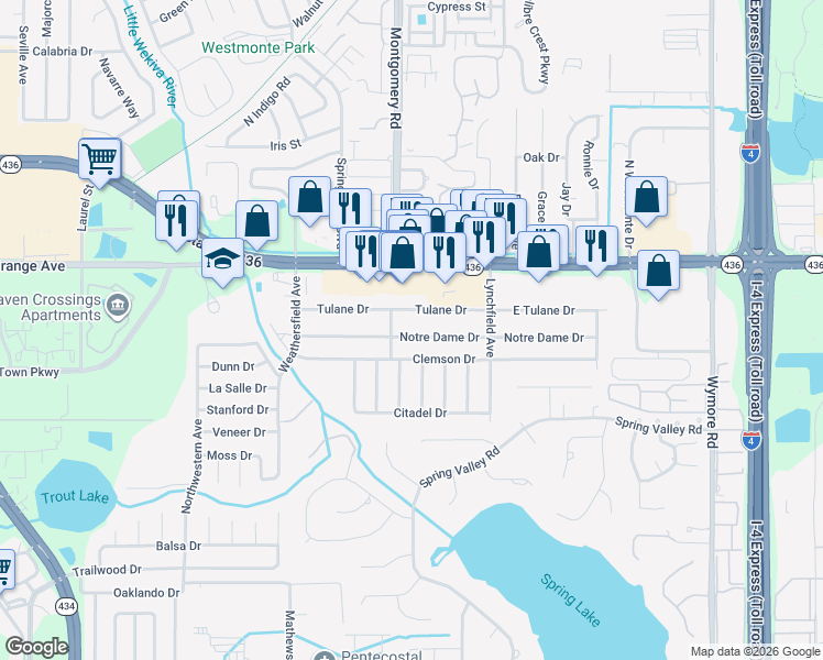 map of restaurants, bars, coffee shops, grocery stores, and more near 473 Notre Dame Drive in Altamonte Springs
