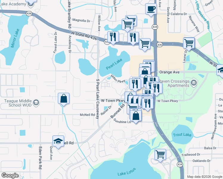 map of restaurants, bars, coffee shops, grocery stores, and more near 1099 West Town Parkway in Altamonte Springs