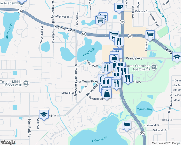 map of restaurants, bars, coffee shops, grocery stores, and more near Afton Square in Altamonte Springs