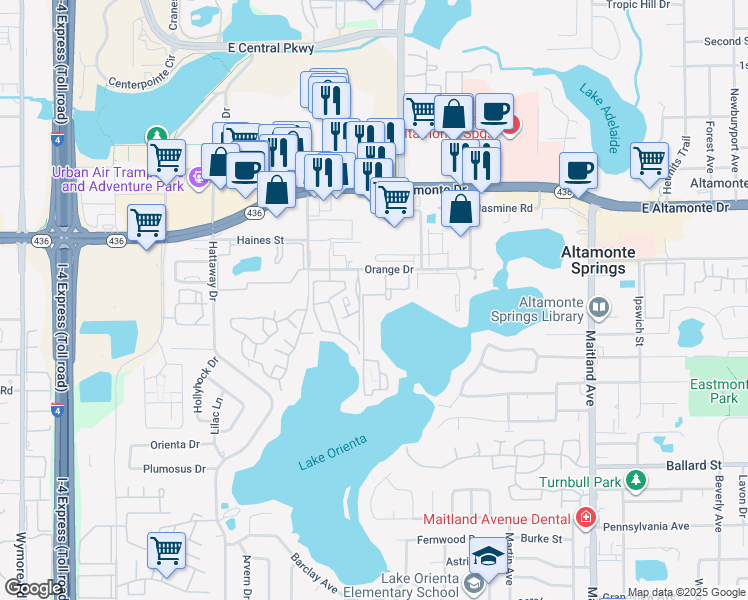 map of restaurants, bars, coffee shops, grocery stores, and more near 518 Orange Drive in Altamonte Springs