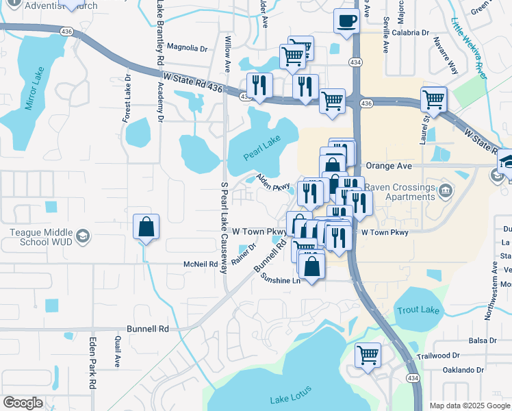 map of restaurants, bars, coffee shops, grocery stores, and more near 1099 West Town Parkway in Altamonte Springs