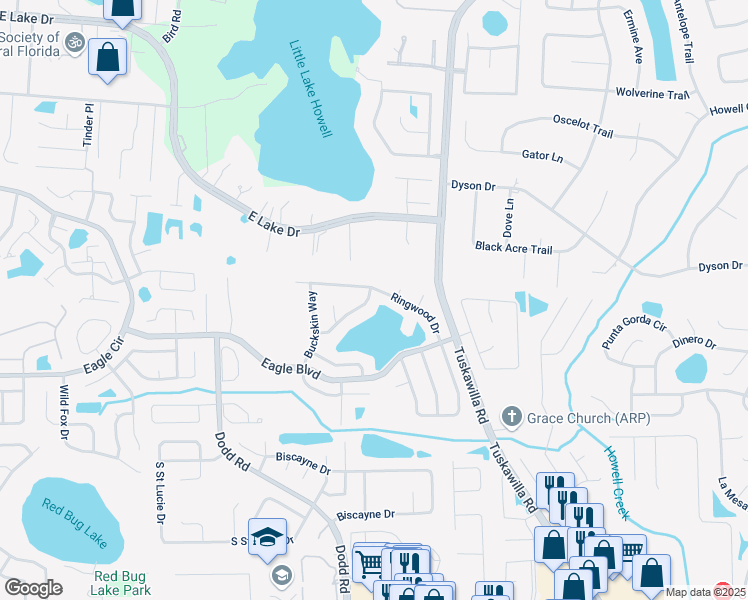 map of restaurants, bars, coffee shops, grocery stores, and more near 249 Ringwood Drive in Winter Springs