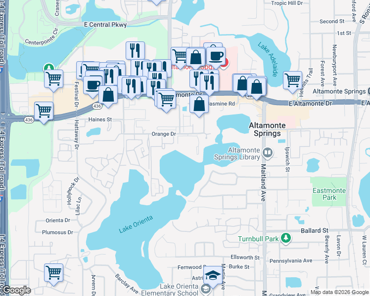 map of restaurants, bars, coffee shops, grocery stores, and more near 576 Orange Drive in Altamonte Springs