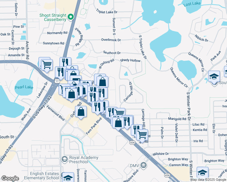 map of restaurants, bars, coffee shops, grocery stores, and more near 10 Bayberry Branch in Casselberry