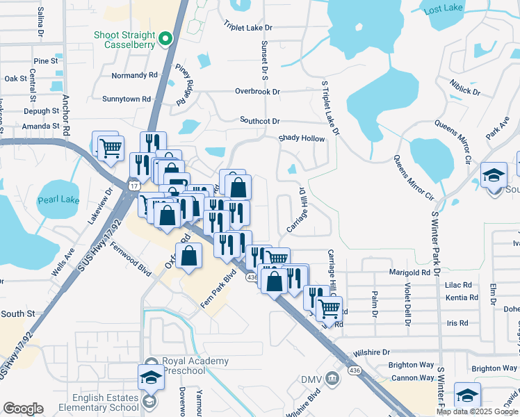 map of restaurants, bars, coffee shops, grocery stores, and more near 10 Bayberry Branch in Casselberry