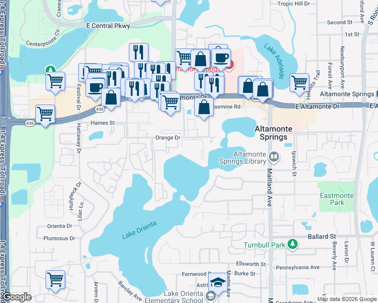 map of restaurants, bars, coffee shops, grocery stores, and more near 576 Orange Drive in Altamonte Springs