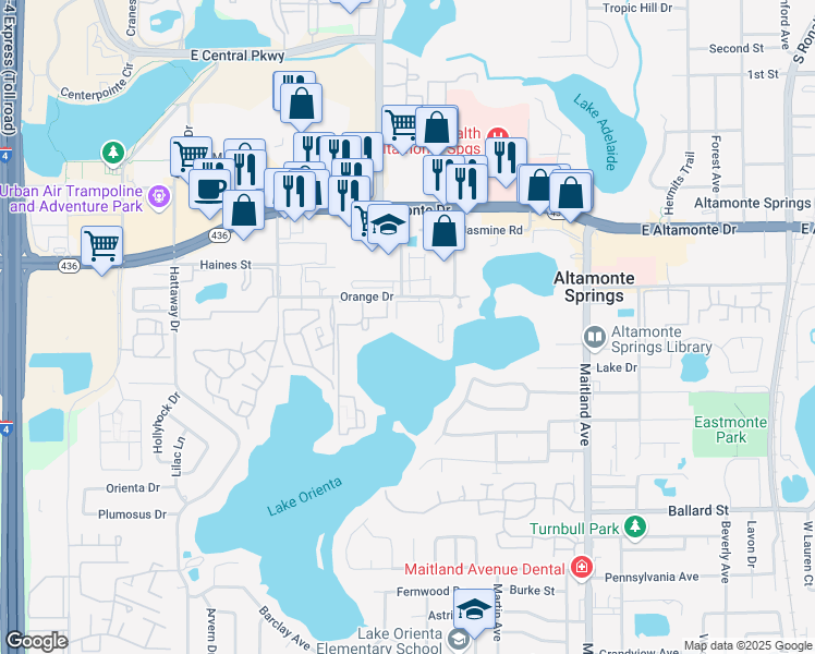 map of restaurants, bars, coffee shops, grocery stores, and more near 576 Orange Drive in Altamonte Springs