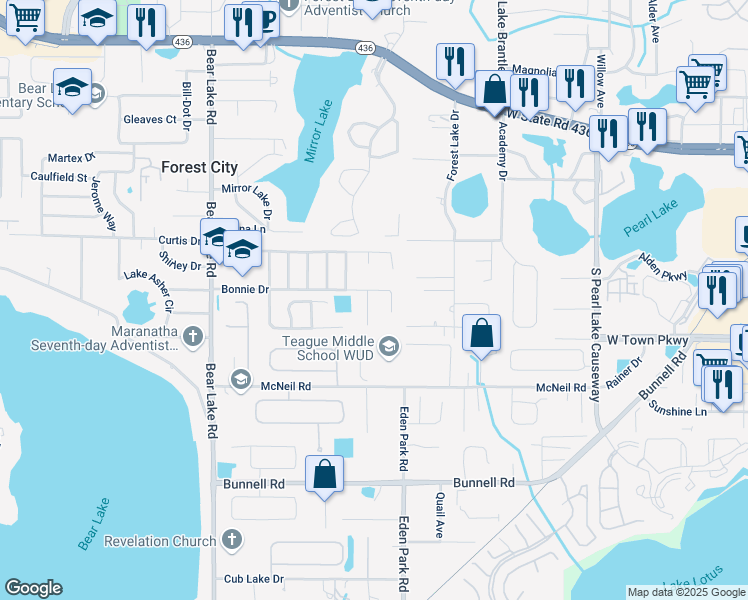 map of restaurants, bars, coffee shops, grocery stores, and more near 4064 Bonnie Drive in Apopka