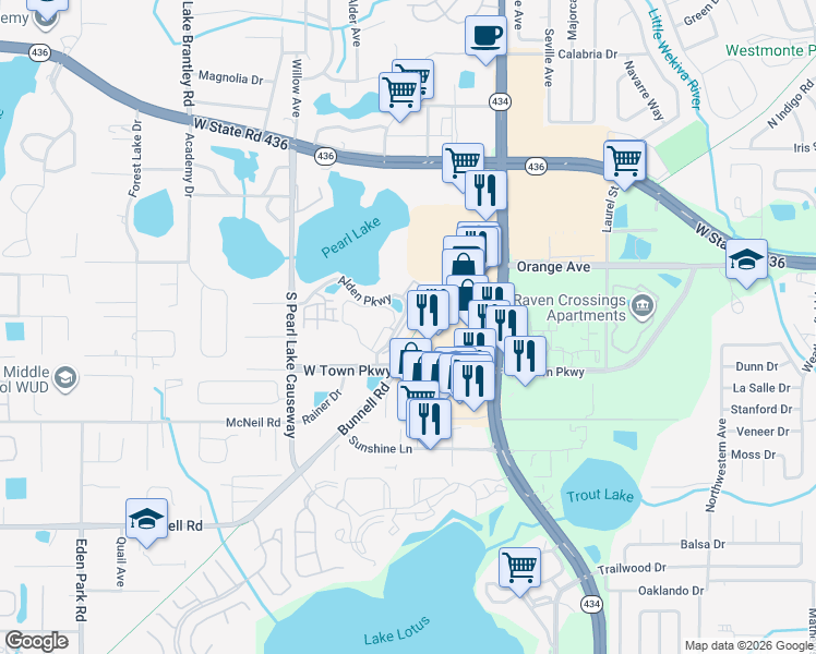 map of restaurants, bars, coffee shops, grocery stores, and more near 275 Sterling Springs Lane in Altamonte Springs