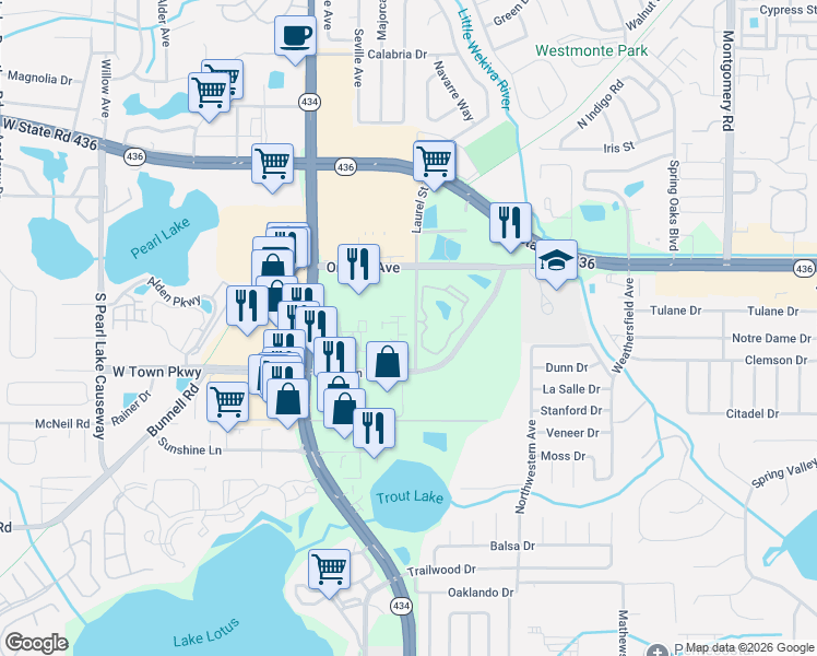 map of restaurants, bars, coffee shops, grocery stores, and more near 829 Camargo Way in Altamonte Springs