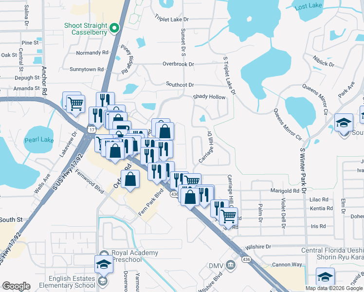 map of restaurants, bars, coffee shops, grocery stores, and more near 648 Kenwick Circle in Casselberry