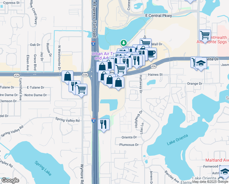 map of restaurants, bars, coffee shops, grocery stores, and more near 130 East Altamonte Drive in Altamonte Springs