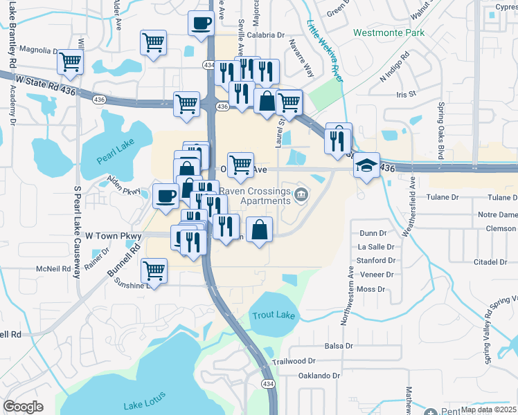 map of restaurants, bars, coffee shops, grocery stores, and more near 829 Camargo Way in Altamonte Springs