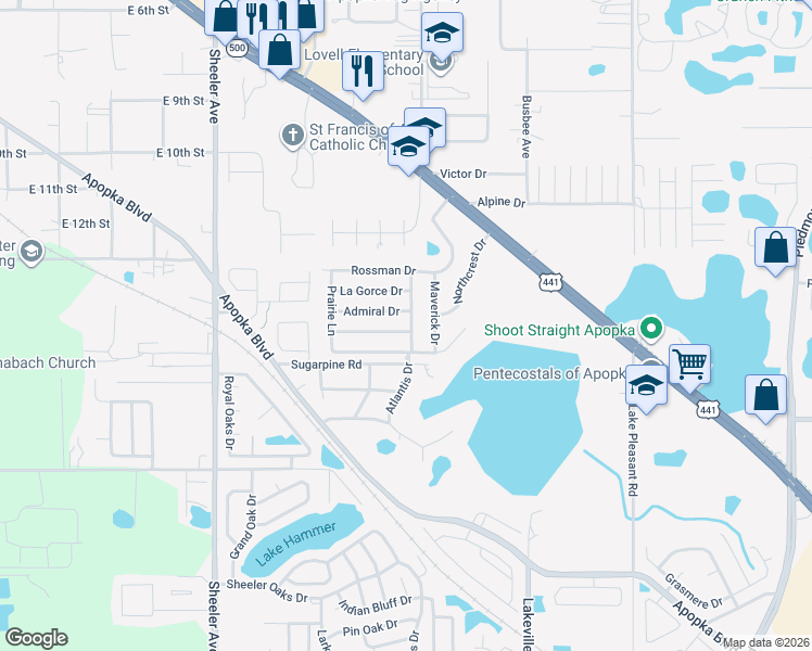 map of restaurants, bars, coffee shops, grocery stores, and more near 1313 Admiral Drive in Apopka