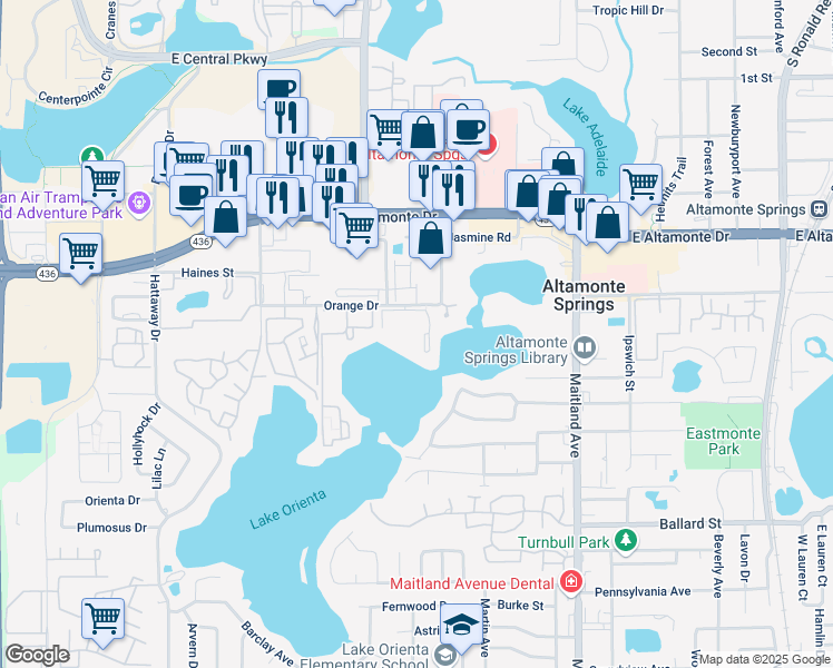 map of restaurants, bars, coffee shops, grocery stores, and more near 598 Orange Drive in Altamonte Springs