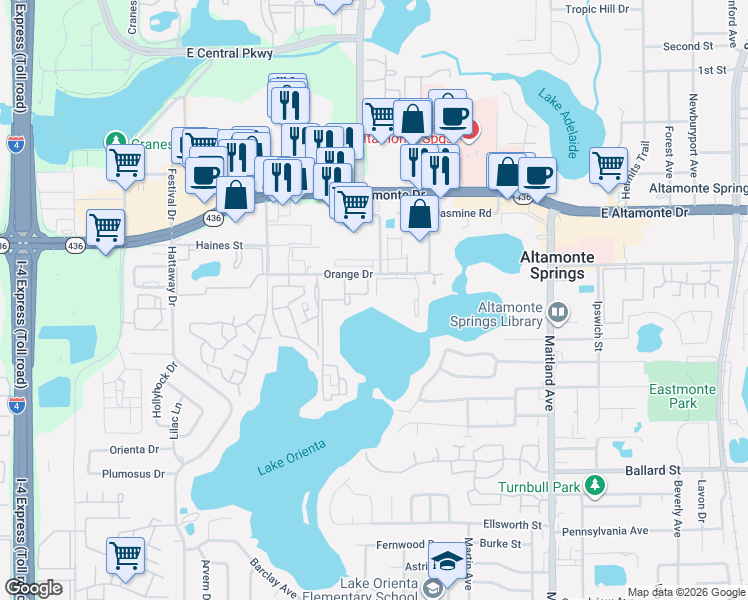 map of restaurants, bars, coffee shops, grocery stores, and more near 560 Orange Drive in Altamonte Springs
