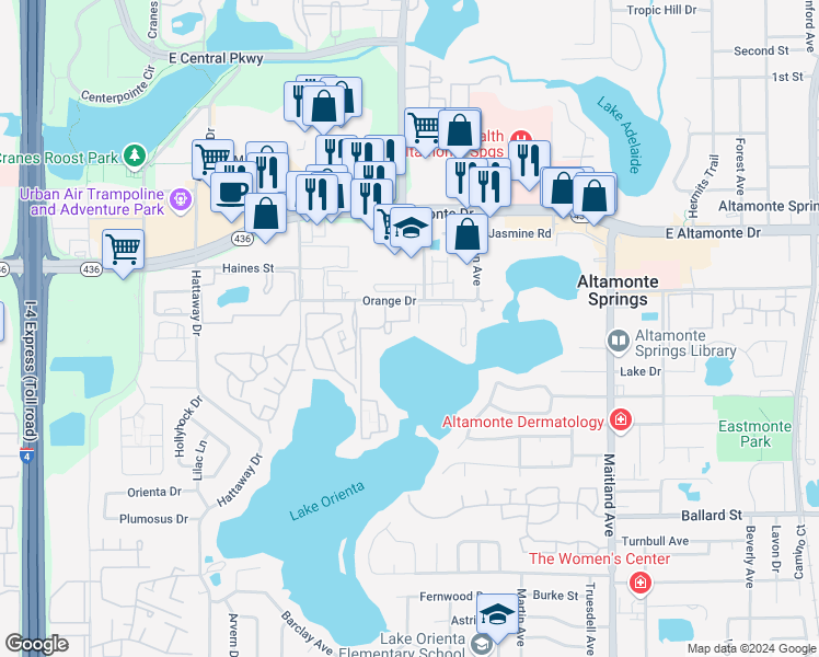 map of restaurants, bars, coffee shops, grocery stores, and more near 560 Orange Drive in Altamonte Springs