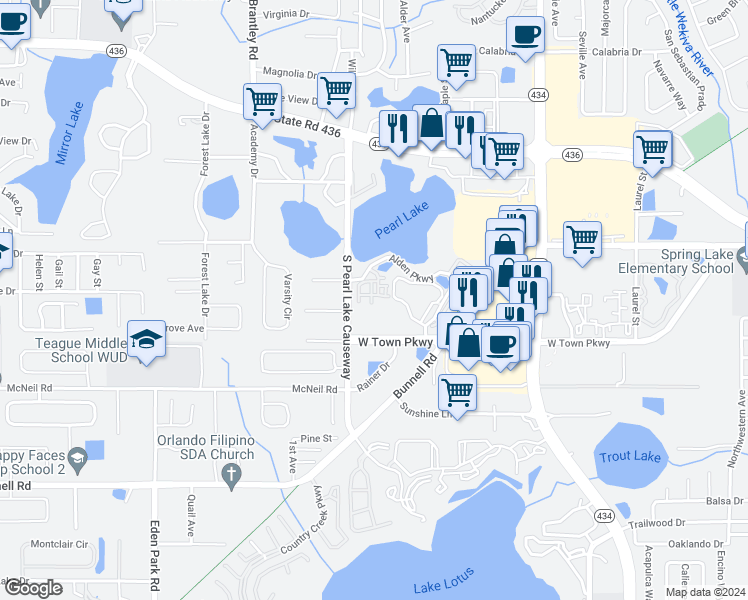 map of restaurants, bars, coffee shops, grocery stores, and more near 1067 Charter Oak Lane in Altamonte Springs