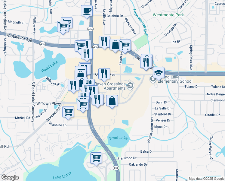 map of restaurants, bars, coffee shops, grocery stores, and more near 827 Camargo Way in Altamonte Springs