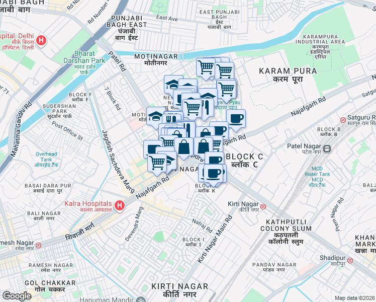 map of restaurants, bars, coffee shops, grocery stores, and more near Karampura Flyover in New Delhi