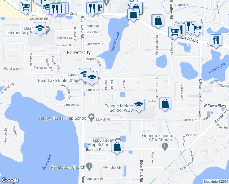 map of restaurants, bars, coffee shops, grocery stores, and more near 1221 Gail Street in Apopka