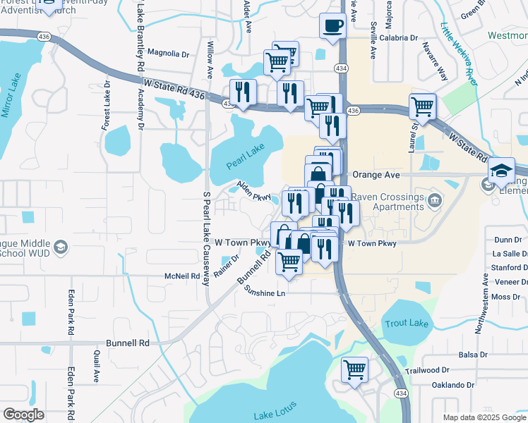 map of restaurants, bars, coffee shops, grocery stores, and more near 224 Afton Square in Altamonte Springs