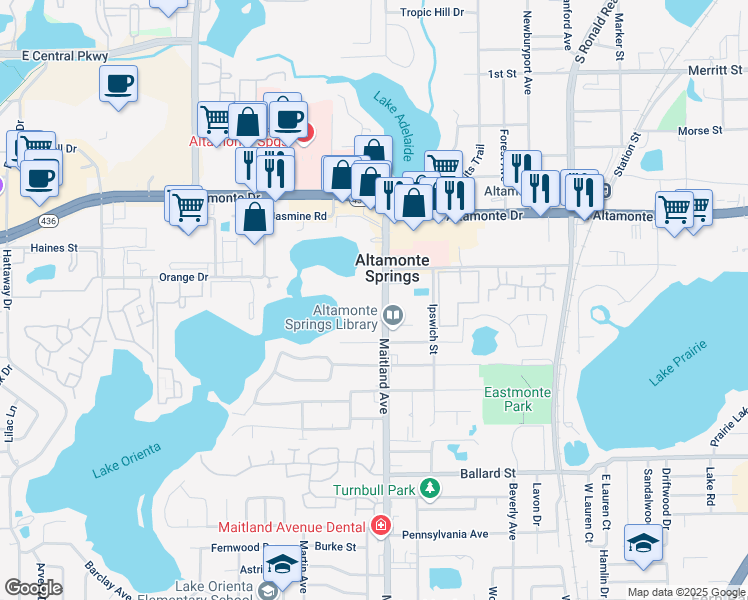 map of restaurants, bars, coffee shops, grocery stores, and more near in Altamonte Springs