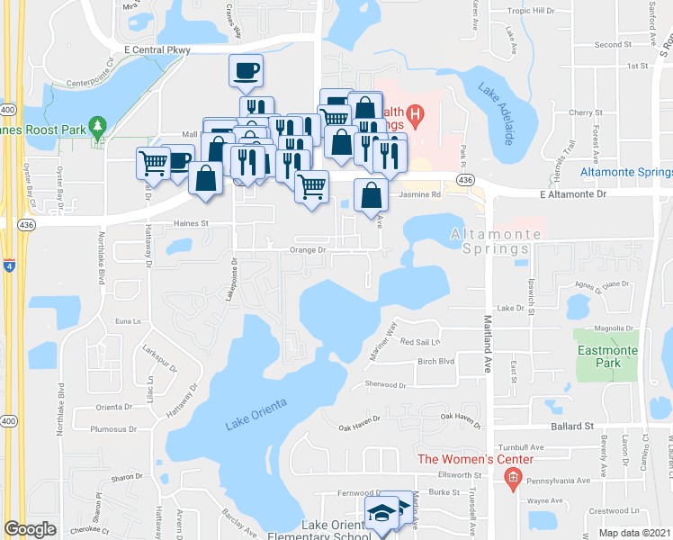 map of restaurants, bars, coffee shops, grocery stores, and more near 560 Orange Drive in Altamonte Springs