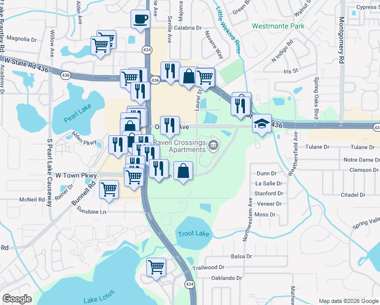 map of restaurants, bars, coffee shops, grocery stores, and more near 829 Camargo Way in Altamonte Springs