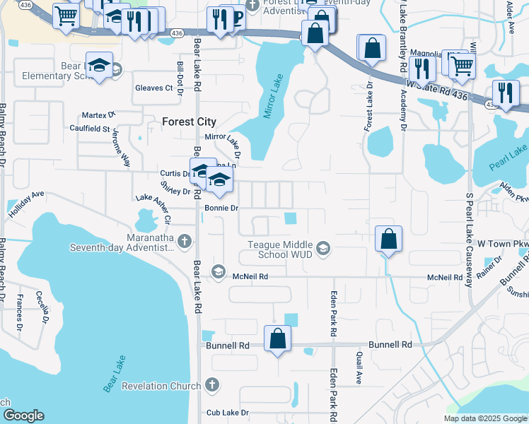 map of restaurants, bars, coffee shops, grocery stores, and more near 1221 Gail Street in Apopka